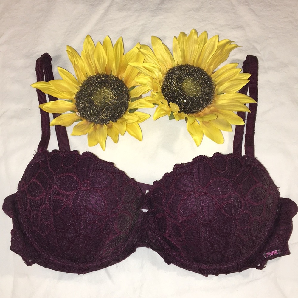 PINK burgundy lace push up bra